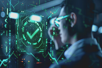 Naklejka premium A businessman with a green holographic mark indicates compliance with inspections and certifications