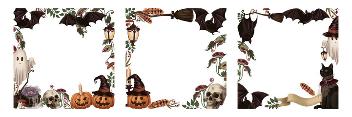 Seat of Halloween square frame with ghost and other scary characters in cartoon style. Hand drawn dark illustration. Isolated drawing perfect for autumn graphic and spooky season card designs.