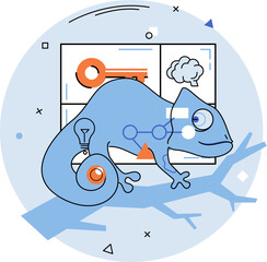 Adaptability. A chameleon sits on a branch with symbols like a key, brain, and lightbulb in the background, representing ideas, creativity, and problem-solving. Ideal for innovation, flexibility © Dmytro