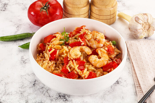 Italian pasta orzo with prawn