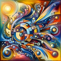 Colorful abstract geometric artwork featuring vibrant swirls and flowing patterns, symbolizing creativity and dynamic energy. The intricate design evokes a sense of movement and harmony, perfect for
