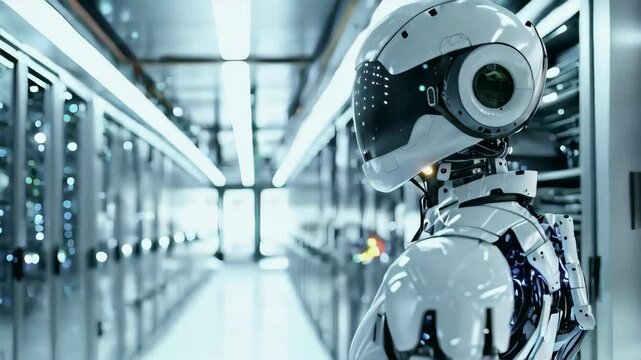 A futuristic robot in a high-tech data center, surrounded by illuminated server racks. Concept of advanced robotics and artificial intelligence technology