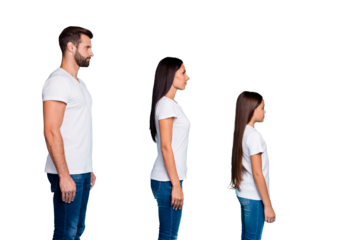 Profile side photo of man woman and schoolkid looking wearing white t-shirt denim jeans standing isolated over background