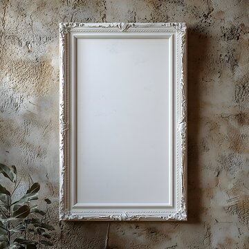 Close-up of a 20x30 inch blank white frame on a beige stucco-textured wall, neutral tones, soft ambient lighting, minimalist feel