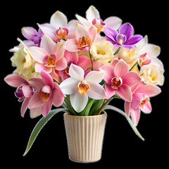 Naklejka premium vibrant bouquet of lycaste orchids in decorative pot, radiating beauty and elegance