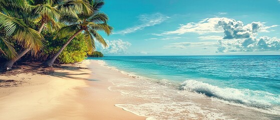 Idyllic tropical beach scene with palm trees and turquoise water.
