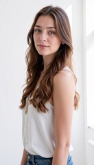 Naklejka premium Beautiful young woman with long hair posing confidently in a bright indoor setting - concept