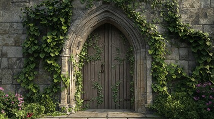 Historic castle or building doors with overgrown vines. Isolated architectural elements and exteriors. Doorways and entryways adorned with creeping plants.
