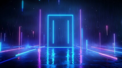 Fototapeta premium Vibrant neon doorway in a digital rain environment showcasing futuristic design and colorful lights.