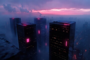 a city with tall buildings and a purple sky