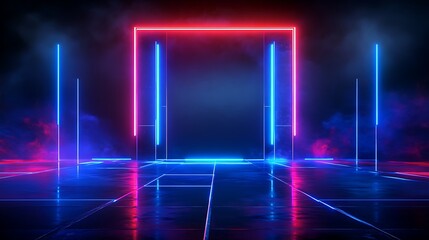 Vibrant neon light backdrop creating a futuristic atmosphere with glowing lines and smoke effects.