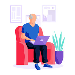 Old man looking for information and surfing internet. Person using computer. Male character spending time on social media. Elder learning new technologies, working with modern gadget, laptop