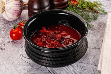 Homemade red soup Borsch with cabbage