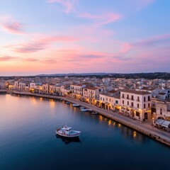 Obraz premium a beautiful sunset over the port of a town