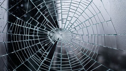 Fototapeta premium close-up shot of a shattered glass window. The glass is broken in a spiderweb pattern