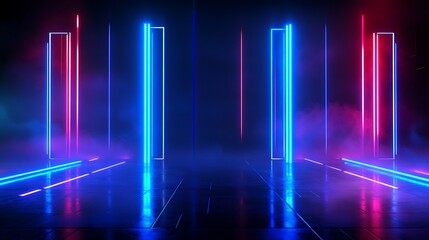 Vibrant neon lights and mist create a futuristic backdrop, perfect for creative projects and digital art.