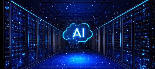 Futuristic Data Center With Glowing Server Racks And An AI Icon Representing AI Cloud Computing