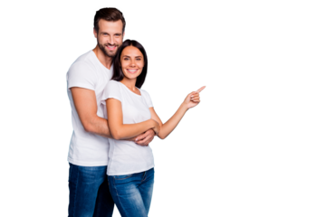 Pair in love standing piggy back indicating on crazy sale wear casual outfit isolated blue background