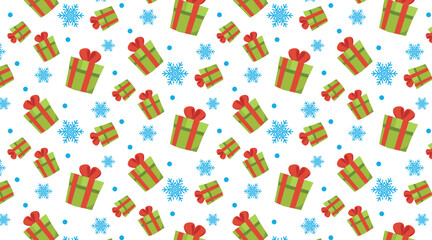 Vector seamless pattern with Christmas gift box and snowflakes white isolated background. Merry Christmas and Happy New Year decoration pattern