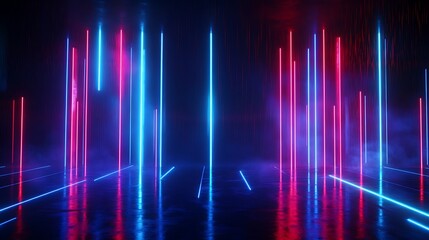 Vibrant neon lights create a dynamic atmosphere with colorful streaks on a dark background.