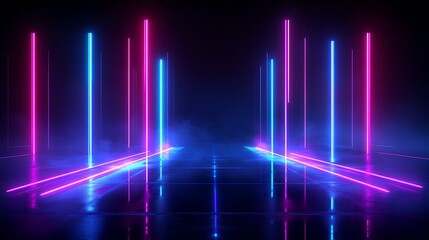Fototapeta premium Vibrant neon lights create a dynamic, futuristic backdrop with a sleek, reflective surface, enhancing visual excitement.