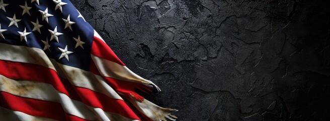 America United States Flag nation dirty torn damaged On Black abstract concrete background and copy space