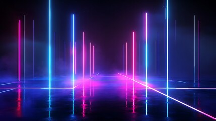 Fototapeta premium Vibrant neon lights create a futuristic atmosphere in a dark, misty environment.
