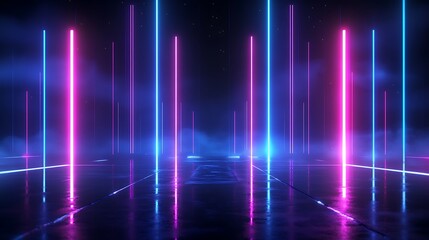 Vibrant neon lights create a futuristic atmosphere in a dark setting, perfect for creative and modern designs.