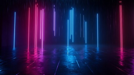 Vibrant neon lights creating a dynamic atmosphere with colorful beams against a reflective floor.