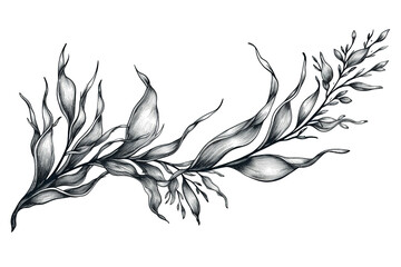 Seaweed sketch on isolated background, black and white leaves