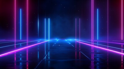 Vibrant neon lights creating a futuristic atmosphere with reflections on a dark surface.