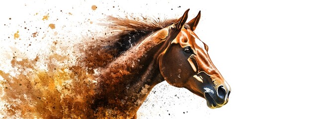 Fototapeta premium Beautiful brown horse head in the style of watercolor on a white background, close-up portrait