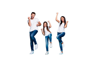 Obraz premium Photo of daddy mommy and small lady raising fists air rejoicing wear casual outfit isolated blue background
