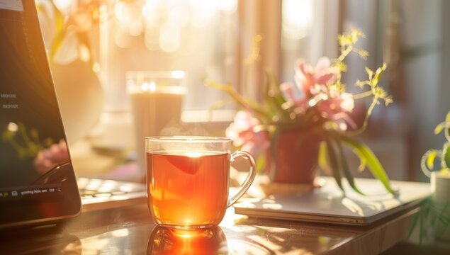 Cup of tea and a laptop sit on the table in front of a cottage window with flowers. Sunlight shines through the glass, creating a warm light. Computer screen on the desk near a potted plant.