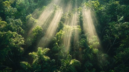 Aerial View of Dense Jungle Canopy with Sunlight Rays