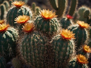 Obraz premium Cluster of green barrel cactus with orange flowers blooming