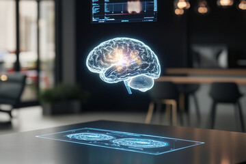 3D render of brain scan floating in darkened room, holographic display highlighting key areas