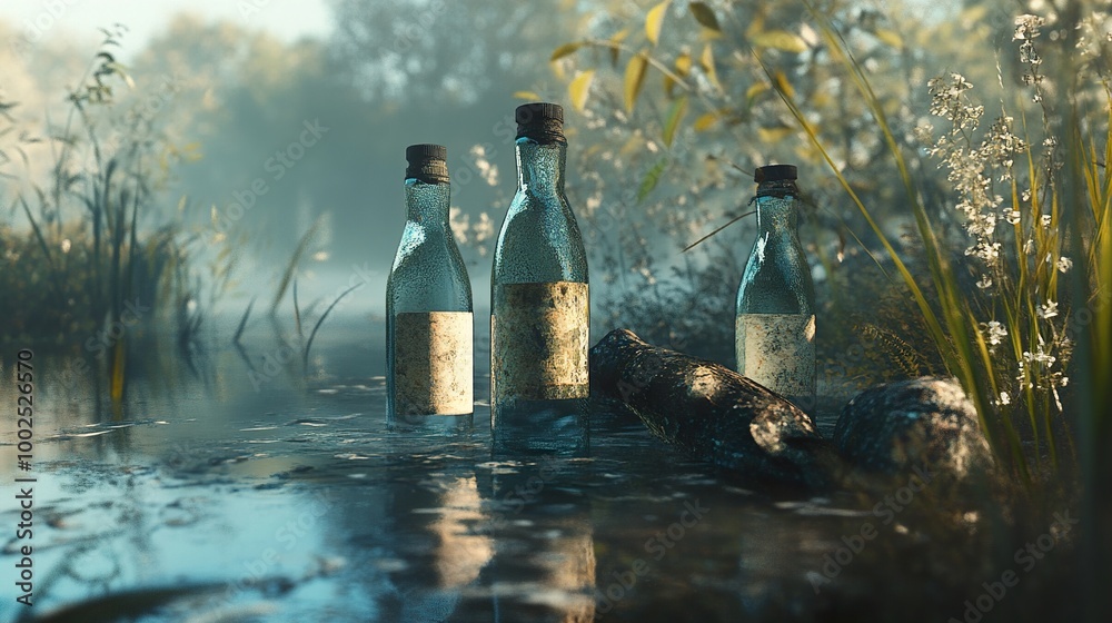 Poster Three Bottles in a Misty River: A Serene Landscape