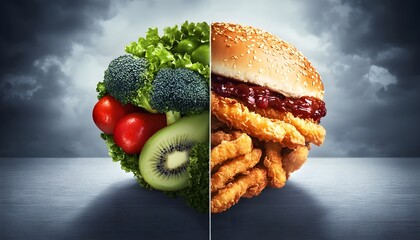 Creative food divide fresh organic fruits and veggies on one side, calorie-dense fried treats on the other, health choice metaphor
