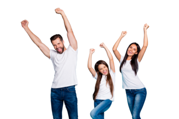 Photo of daddy mommy and small lady raising fists air rejoicing wear casual outfit isolated blue background