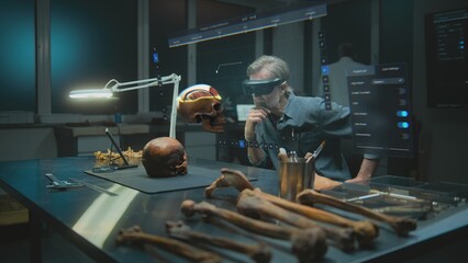 Advanced archaeological lab: Archaeologist in VR headset examines ancient human anatomy in augmented reality using fossil skull. 3D render of virtual display with user interface of scanning software.