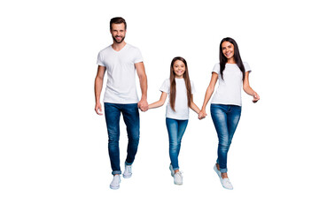 Full body photo of daddy mommy and small lady walking down street to zoo wear casual outfit...