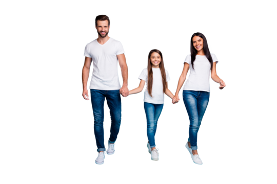 Full body photo of daddy mommy and small lady walking down street to zoo wear casual outfit isolated blue background