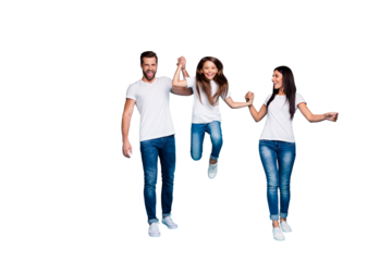 Full size photo of daddy mommy and small lady going and jumping together wear casual outfit isolated blue background