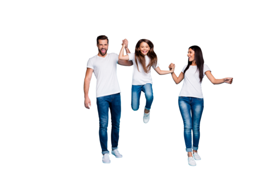 Full size photo of daddy mommy and small lady going and jumping together wear casual outfit isolated blue background