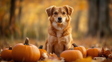 Dog with Halloween pumpkins in an autumn woodland