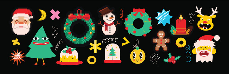 Merry Christmas and Happy New year stickers. Santa Claus gifts coffee heart gingerbread in trendy groovy retro 90s cartoon style. Sticker pack of cartoon characters and elements.
