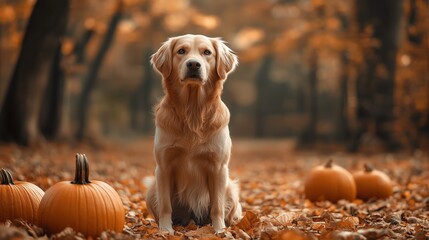 Dog with Halloween pumpkins in an autumn woodland
