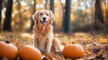 Dog with Halloween pumpkins in an autumn woodland