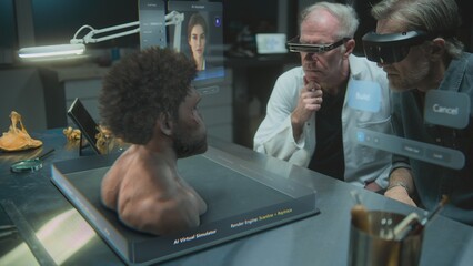 Advanced archaeological lab: Two scientists in VR headsets conducts historical research in augmented reality. 3D render of virtual display of AI assistant and simulator of ancient Neanderthal human.